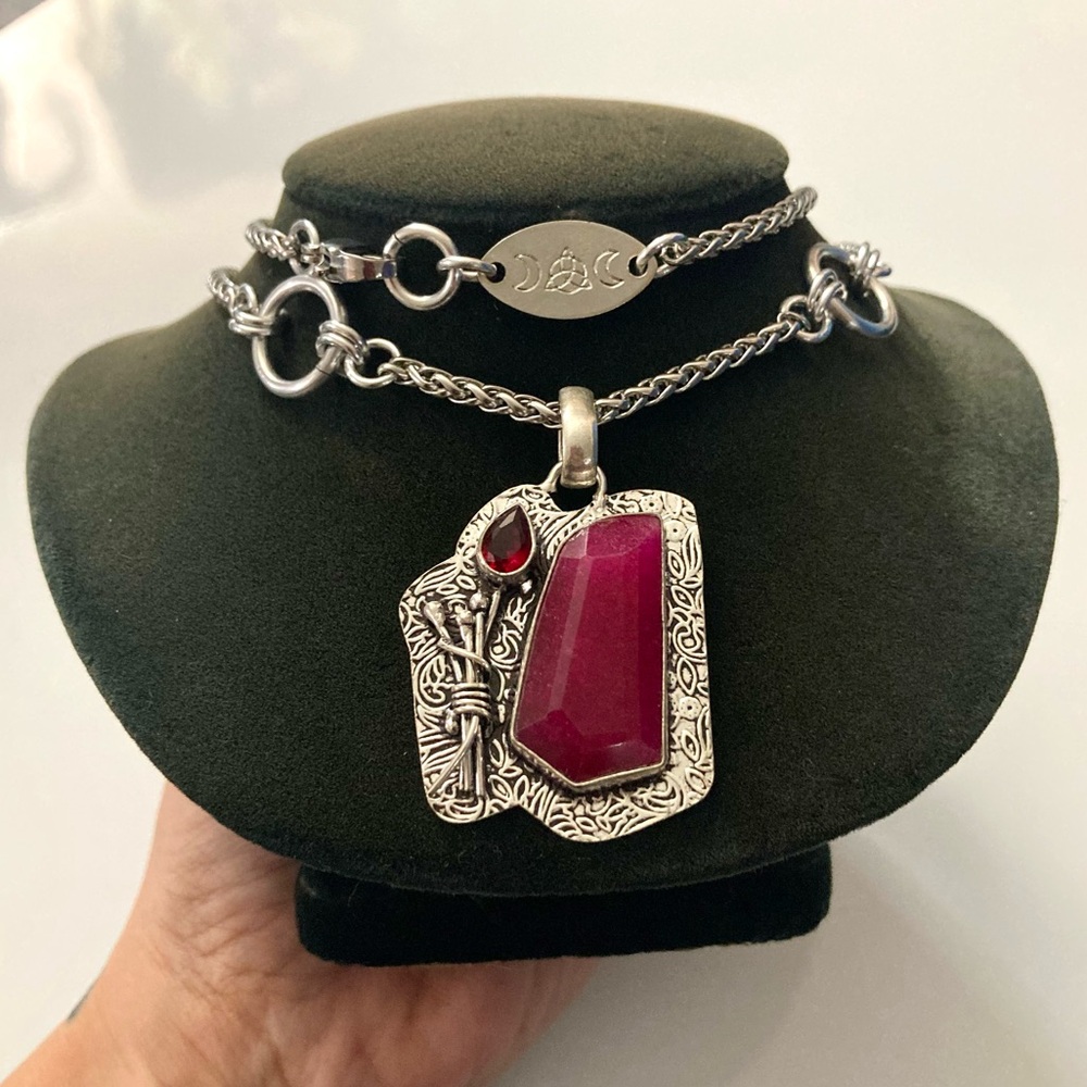 Genuine Garnet & pink Indian ruby gemstones boho charm silver necklace - Picture 11 of 16